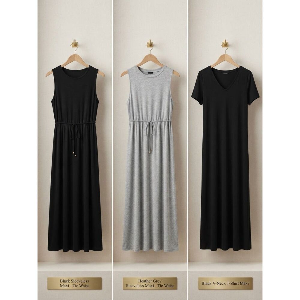 Maternity Dress Bundle Set of 3 Black Heather Grey Maxi Dress Tie Waist Size L